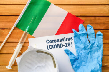 Flag of Italy,, vaccine, face mask for virus, glove and paper sheet with words Coronavirus COVID-19