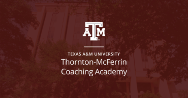 Maroon background over harrington tower photo with Thornton-McFerrin Coaching Academy logo at center