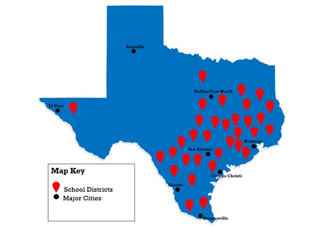 Map showing participating EBEST school districts across Texas