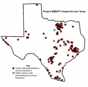 Map of Texas showing stars that point to the school districts Project EBEST serves.