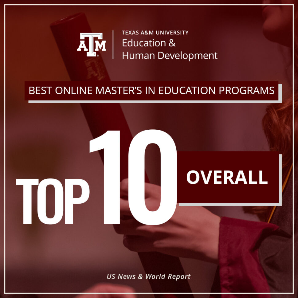 Graphic showing top 10 ranking for College of Education and Human Development among Best Online Masters in Education Programs, according to U.S. News and World Report.