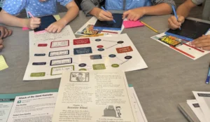 Middle-grade students use tablets and printed reading materials while working through a comprehension activity.